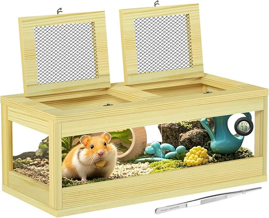 Large Hamster Cage, Solid Wood Gerbil Cage, Chewproof Hamster Cages and Habitats, Sliding Doors, Top Ventilation Window, Guinea Pig Cages for Small Animals, Dwarf, Syrian, Mice, 36" x 18" x 12"