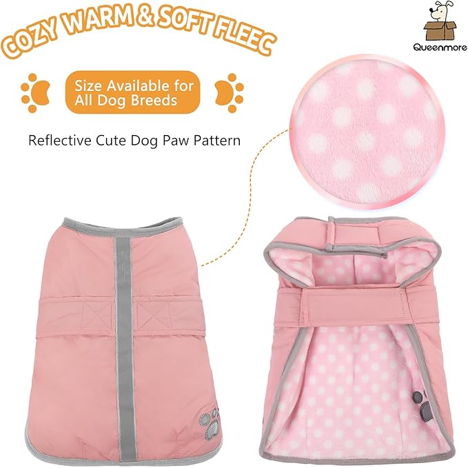 Queenmore Dog Winter Coat, Fleece Puffer Dog Down Vest, Cold Weather Pet Jacket for Dogs, Waterproof Reflective Reversible Dog Sweater Clothes for Small, Medium and Large Dogs (Light Pink, L)