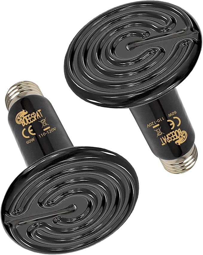 Energy Efficient 60W Reptile Basking Heat Lamp Bulbs, Pack of 2 Ceramic Heat Emitters for Tortoise, Bearded Dragon, Lizard, Iguana, Reptile (Black, 60 Watts)