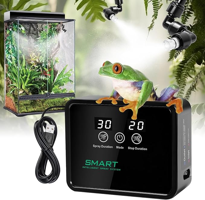 Reptile Humidifier Reptile Mister System with Timer & 360° Nozzles, Chameleons, Snakes, Frogs Misting for Terrarium, Auto Misting for Terrariums, Adjustable Nozzles & Quiet Operation