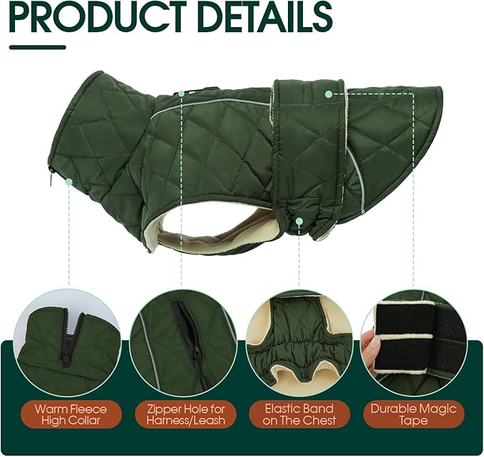 Kuoser Extra Warm Dog Jacket, Windproof Fleece Lined Turtleneck Snowsuit for Dogs, Easy On/Off Dog Coats for Medium Large Dogs, Quilted Cold Weather Pet Winter Coat Thermal Clothes, Green L