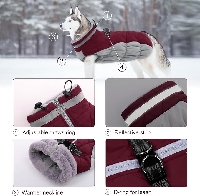 Lelepet Dog Coat Warm Dog Winter Coat Waterproof Dogs Jacket with Harness Built in Reflective Pet Fleece Vest Zip-Up Cold Weather Coats for Small Dogs Turtleneck & Windproof Coats Yorkie Wine Red S