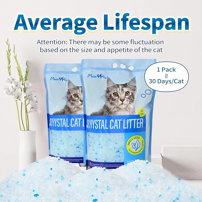 Made4Pets Cat Litter Crystals, Non Clumping Cat Litter Odor Control Kitty Litter Non Clumping No scooping Low Dust, Low Tracking, Lightweight, Dehydrates Waste,– 8.6 lbs (2 x 4.3 lb Packs)