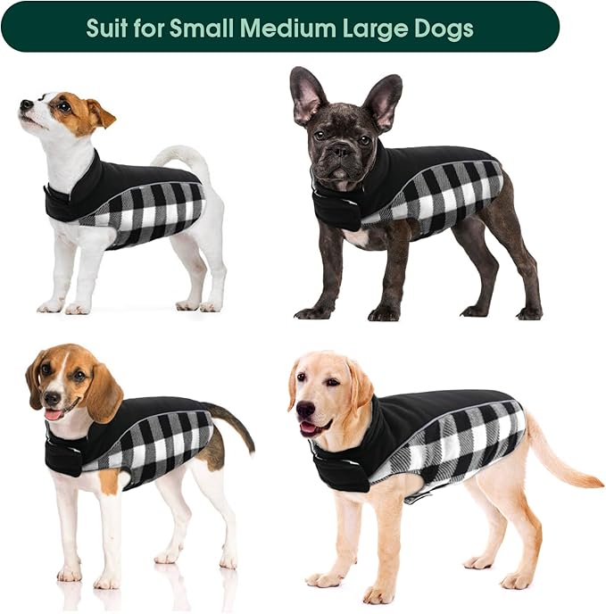 Kuoser Dog Winter Coat, Reversible Waterproof Dog Jacket with Leash Hole, Warm Dogs Fleece Vest Adjustable Doggy Cold Weather Clothes Plaid Christmas Outfit Pet Apparel for Extra Large Dogs, Black 3XL