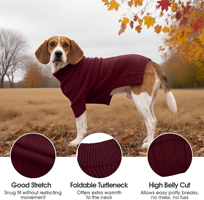 IECOii XXL Dog Sweater,Thermal Knit Big Dog Sweater Christmas,Pet Turtleneck Doggy Sweatshirt for Extra Large Dogs Boy Girl,Stretchy Large Dogs Cold Weather Outfit Pitbull Clothes,(Burgundy,2XL)