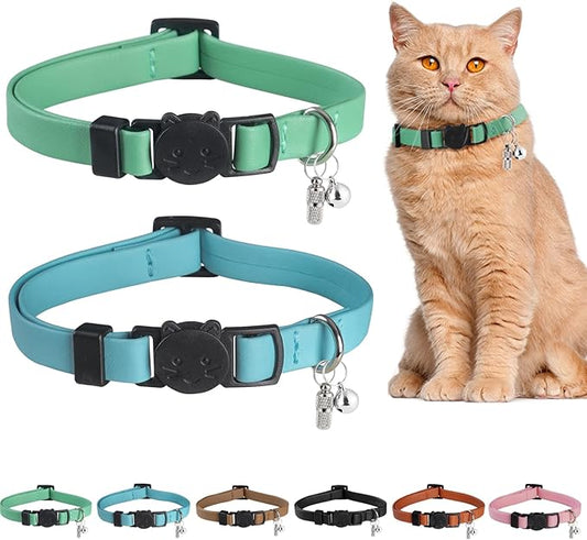 Upgrade Breakaway Cat Collar with Bells, Soft Leather Kitten Collars with Name Tag,Safety Adjustable Buckle,Lightweight,Ideal for Girl Boy Cats, Green+Blue