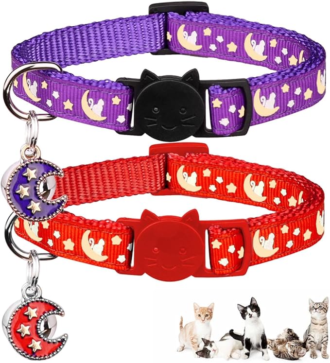 2Pcs Breakaway Cats Collars Cat Collars for Boy & Girl Cats Adjustable Kitten Collars with Bell,Purple+Scarlet