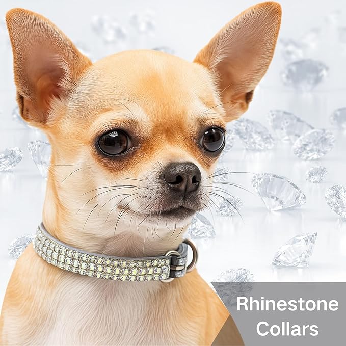 PEARLY JUN Rhinestone Dog Collars for Small Dogs Cat, XXS Silver AB Bling Diamond Cat Collar Cute Luxury Crystal Pet Puppy