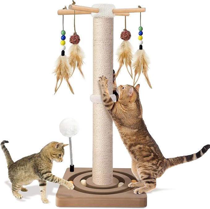 Cat Scratching Post, Sisal, Interactive Furniture Toys for Indoor Cats Adults, 2 Mounting Methods Scratcher Tree Tower with Hanging and Ball Track, Activity Center for Kitten, 25 inches
