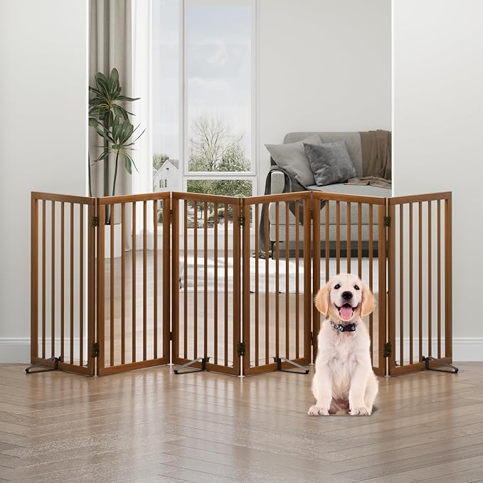 Dog Gates for Doorways, Tall Dog Gate Indoor, Foldable Pet Gates for Doorways Bedroom, Freestanding Puppy Gate with Metal Support Feet, Room Divider,6 Panels (Walnut)