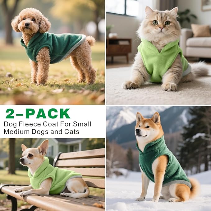 Idepet 2 Pack Dog Fleece Vest Sweater Warm Pullover Jacket with D-Ring Leash Reflective Winter Coat Hoodie for Small Medium Dogs Puppy Cat Pet Clothes (Dark Green&Grass Green, Large-French Bulldog)