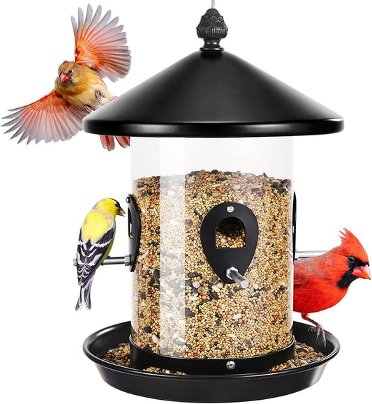 Kingsyard Metal Bird Feeder for Outdoors Hanging with 8 Ports, 3 lbs Large Tube Bird Feeder with Seed Tray for Cardinal Finch, Easy to Fill and Clean, Black