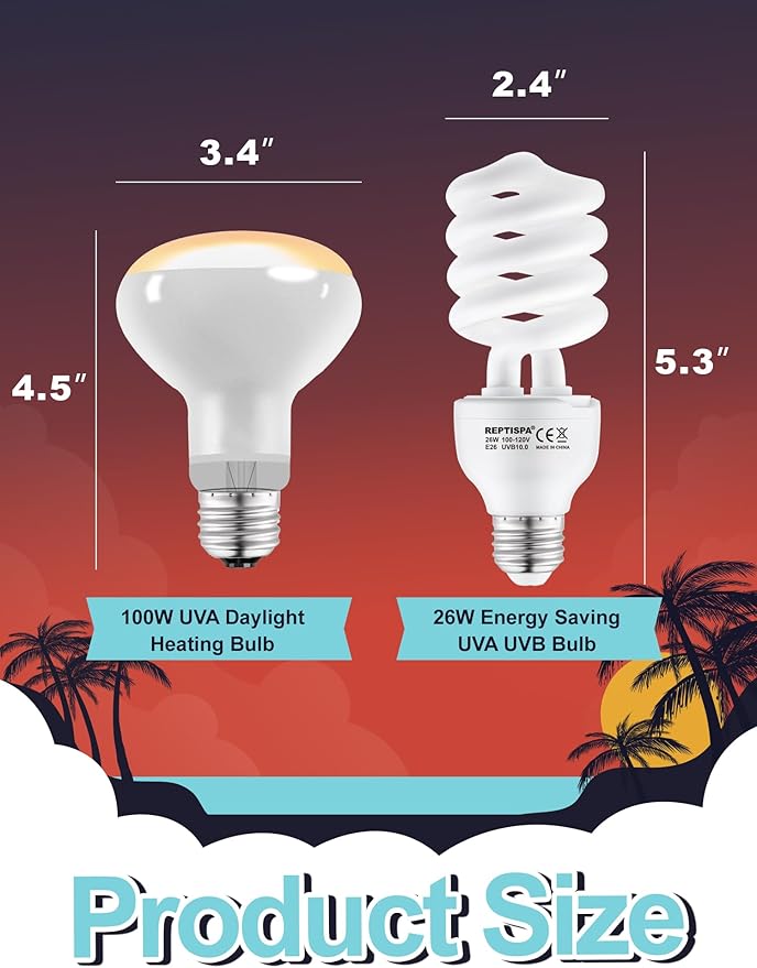 Heat Lamp Combo, 100W UVA Daylight Reptile Heat Lamp Bulb and 26W Desert 10.0 UVB Light for Reptiles, Energy Saving UVB Bulb, Infrared Light Basking Light for Bearded Dragon, Turtle and Lizard