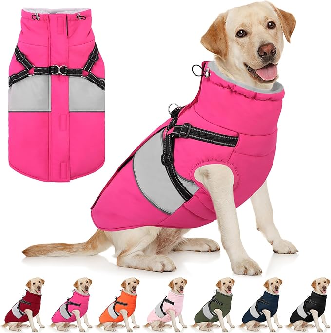 AOFITEE Dog Coat Warm Dog Winter Coat, Waterproof Dogs Jacket with Harness, Dogs Snow Jacket Snowsuit with Zipper & Furry Collar, Reflective Windproof Pet Sweater for Cold Weather, French Bulldog, L
