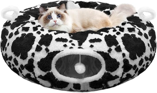 Cat Tunnel Bed for Indoor Cats, Soft Plush Donut Peekaboo Cat Cave, Multifunctional Playground Toy for Small Medium Large Cats, Kittens, Rabbits, Ferrets, with Washable Cushion (Black&White)
