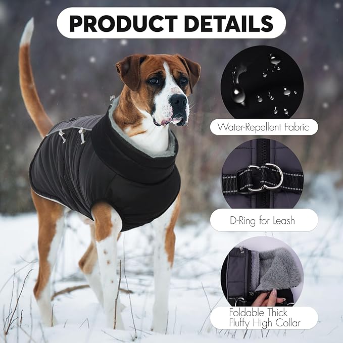 IDOMIK Warm Dog Coat with Harness Built-in, Thick Fleece Dog Winter Jacket with High Collar&Zipper, Waterproof Reflective Dogs Cold Weather Coats for Large Dogs, Pet Snow Jacket Vest(Black,2XL)