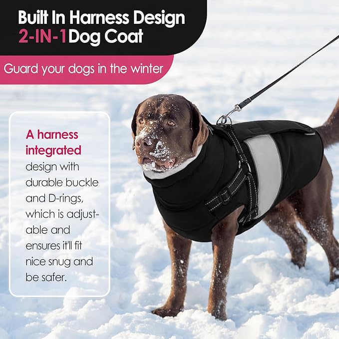 AOFITEE Dog Winter Coat, Dog Coat with Harness Built in, Dogs Jacket for Large Dogs, Reflective Waterproof Pet Puffer Jacket Snowsuit, Warm Fleece Windproof Pet Sweater for Cold Weather, XL