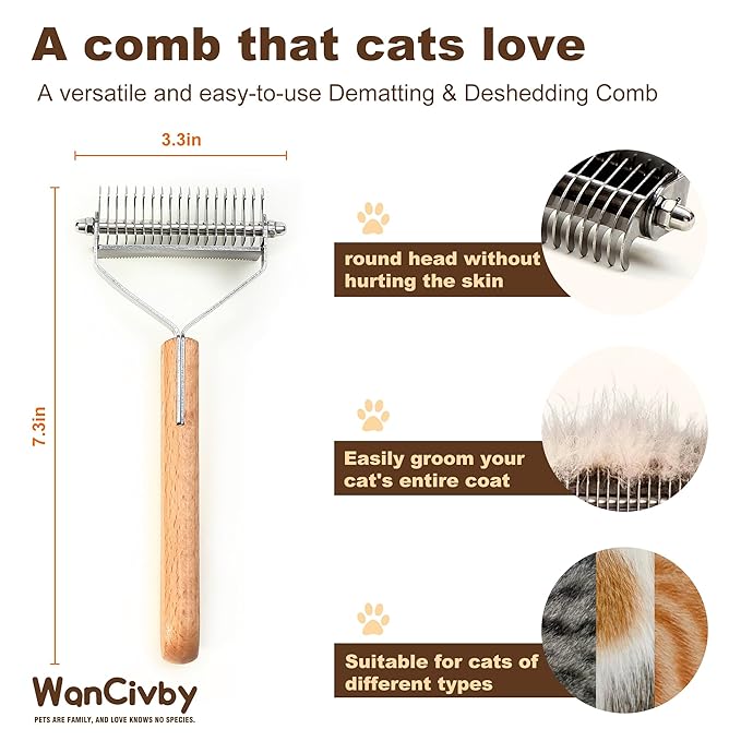 3-in-1Dematting & Deshedding Comb Undercoat Rake for Cats& Dogs，Detangling Matted Fur & Hair Remover Tool Pet Grooming Rake for Shedding and Dematting，Ergonomic beech wood handle (Square Handle)