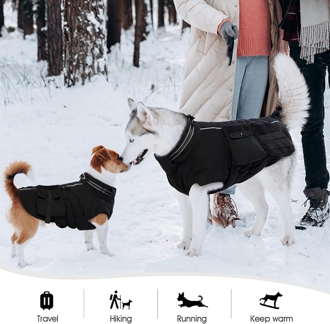 Dora Bridal Dog Winter Coat with Harness Built in, Warm Windproof Reflective Dogs Jacket for Extra Large Dogs, Pet Vest with Molle Panels and 3 Pouches for Male Dog, Black, 3XL