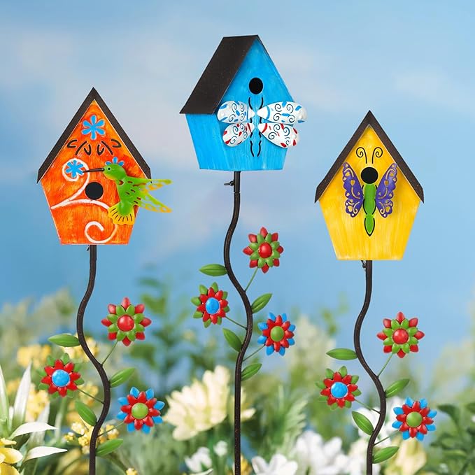 51” Bird Houses Stake for Outside, Metal Wild Bird Feeder Birdhouse Stake Pole with Hummingbird Design Outdoor Decorations for Patio, Backyard, Garden