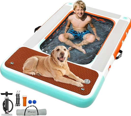 FBSPORT Dog Pool Float, Inflatable Dog Float for Pool, Lakes, Boats and Sea, Non-Slip EVA Floating Dock Platform for up to 330lbs