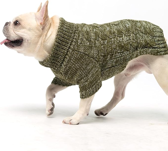 KOOLTAIL Thermal Knitted Dog Sweater for Small Medium Large Dogs, Turtleneck Cable Knit Doggy Winter Coat Warm Clothes Sweatshirt Outfits for Cold Weather, Pullover Pet Jumper for Puppy Cats Green SM
