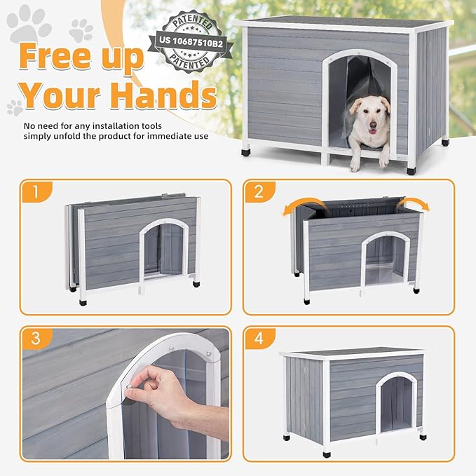 Petsfit 45.3" Dog House Outdoor, No Tools Required Assembly, Folding Dog House Outdoor, Unfold to Use, Dog Houses for Large Dogs Outside (Large, Grey)
