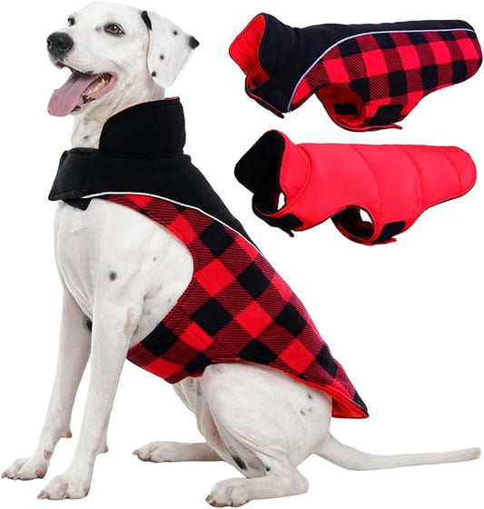 Kuoser Dog Winter Coat, Reversible Waterproof Dog Jacket with Reflective Strip, Warm Dogs Fleece Vest Adjustable Doggy Cold Weather Clothes Plaid Christmas Outfit Pet Apparel for Large Dogs, Red 2XL