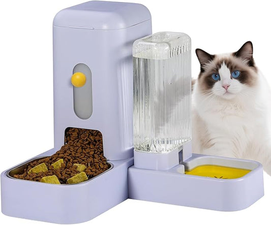 Automatic Cat Feeder Water Dispenser with Stainless Steel Bowl, 2 in 1 Gravity Cat Feeder Large Capacity Dispenser Removable for Pet Dogs Puppy Kitten (Blue)