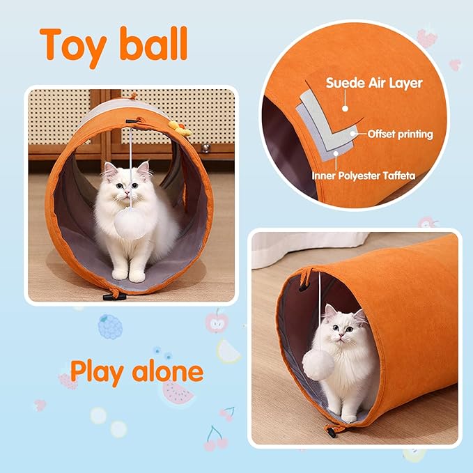 Cat Tunnels for Indoor Cats,Collapsible Crinkle Pet Toy with 3 Holes & Balls,9.8in x 37.5in/47.2in Orange Play Tube for Kittens,Rabbits,Guinea Pigs & Ferrets (9.84inx31.5in)