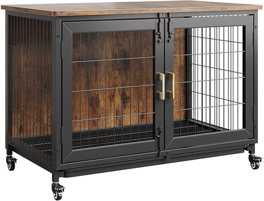 37.4" L Wooden Dog Crate Furniture for Small-Medium-Large Dogs, Escape-Proof Decorative Dog Crates for Anxious Dogs, Rustic Kennel with Lockable Wheels & Pull-Out Tray, Dog Kennel Indoor