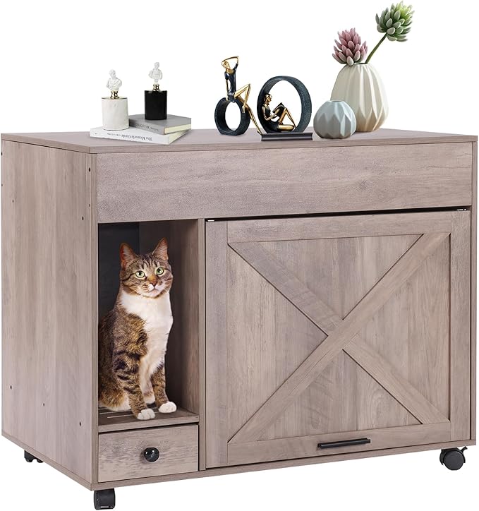 Cat Litter Box Enclosure Cabinet with Wheels, Wooden Hidden Litter Box Furniture with Large Storage, Flip Top Cat Cabinet Indoor with Drawer (Grey, Medium)
