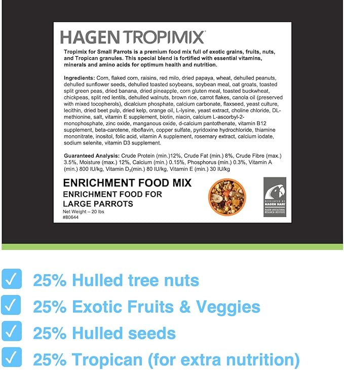 Hagen Tropimix Enrichment Food for Small Parrots, 20 lb. (9.07 kg) - HARI Small Parrot Food with Seeds, Fruit, Nuts, Vegetables, Grains, and Legumes