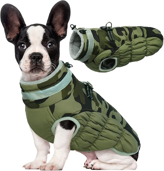 Lelepet Dog Coat Warm Dog Winter Coat Waterproof Dogs Jacket with Harness Built in Reflective Pet Fleece Vest Zip-Up Cold Weather Coats for Medium Dogs Turtleneck & Windproof Dachshund Green Camo M