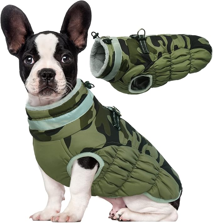 Lelepet Dog Coat Warm Dog Winter Coat Waterproof Dogs Jacket with Harness Built in Reflective Pet Fleece Vest Zip-Up Cold Weather Coats for Dogs Turtleneck & Windproof Coats Chihuahua Green Camo XS
