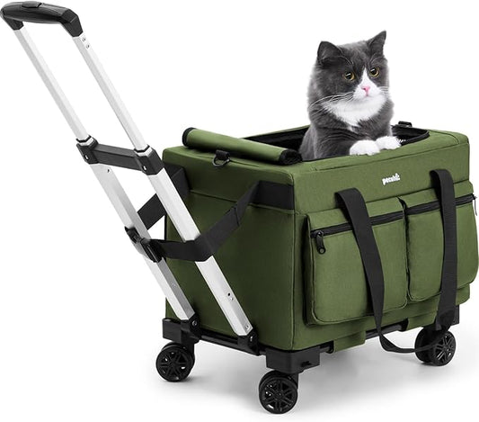 Pecute Cat Carrier with Wheels,Steel Wire Frame Cat Carrier, Stable Pet Trolley for Cats, Pet Handbag and Stroller Bag, Portable Cat Bag for Travel Bus Subway, Green