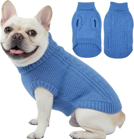 Classic Cable Knit Sweaters for Medium Dogs, Fall Sweater for Dogs Female Male Pet, Warm Turtleneck Pullover Winter Clothes for Boston Terrier Bulldog Pug, Cute Coat for Boy or Girl Pets(Blue, M)