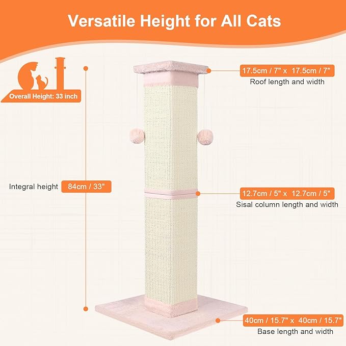 Cat Scratching Post 33 Inch Nature Sisal Cat Scratch Post for Indoor Cats, Large Cat Scratcher Protect Your Furniture Pink