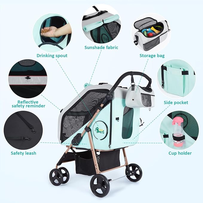 Ownpets Pet Stroller with Upgraded 4 Wheels, Foldable Dog Stroller for Medium Dogs and Cats Up to 66lbs, Detachable Carrier for Car Seat, with Storage Organizer, Cup Holder