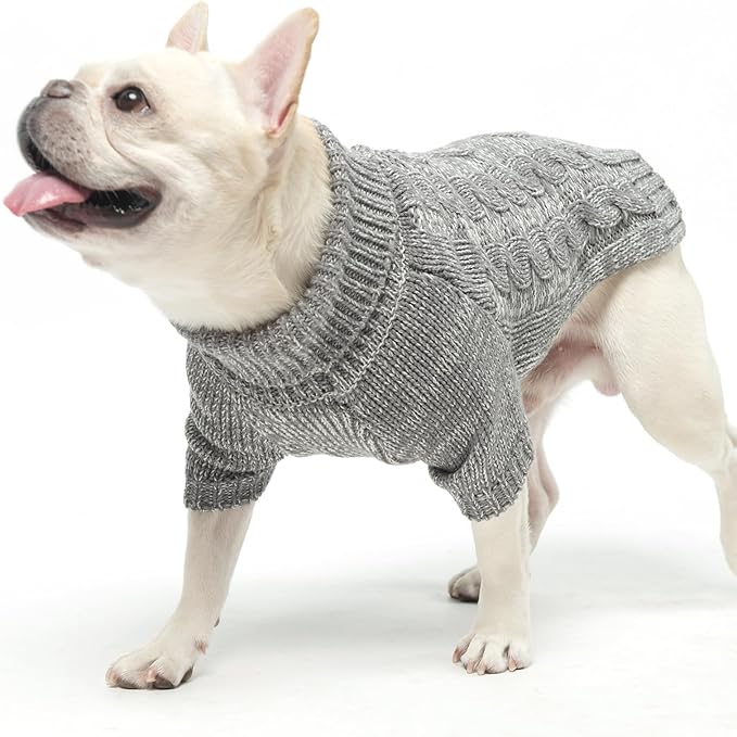 KOOLTAIL Dog Sweater for Large Medium Small Dogs, Fall Dog Sweaters, Turtleneck Cable Knitwear Pet Cold Weather Coats with Leash Hole, Warm Winter Pullover Clothes for Bulldog, Yorkie,Boy Girl,Grey M