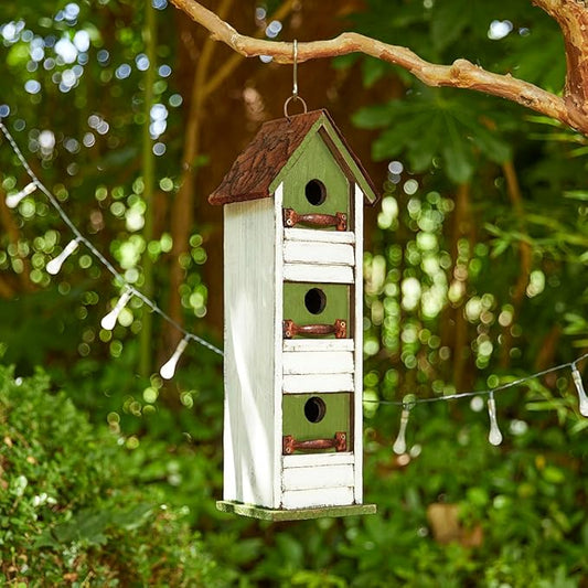 Glitzhome Bird Houses for Outside, Blue Bird Houses for Outdoors,18" H Distressed Outdoor Garden Wooden Birdhouse Decorative Hanging Bird House with Shutter Texture for Hummingbird,Sparrow,Wren Finch