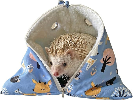 Handmade Cuddle Sack Sleeping Bag Pouch Small Animals Hedgehog Carrier Bag Pouch with Strap Breathable Vents Portable Outgoing Bag (Blue with Green Pad)