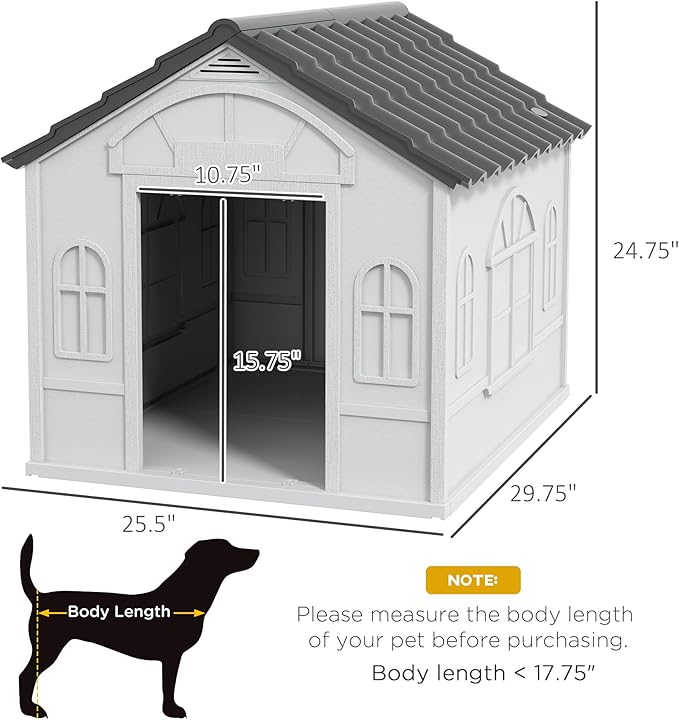 PawHut Plastic Dog House, Water Resistant Puppy Shelter Indoor Outdoor with Door, Easy to Assemble, for Medium and Small Dogs, Gray