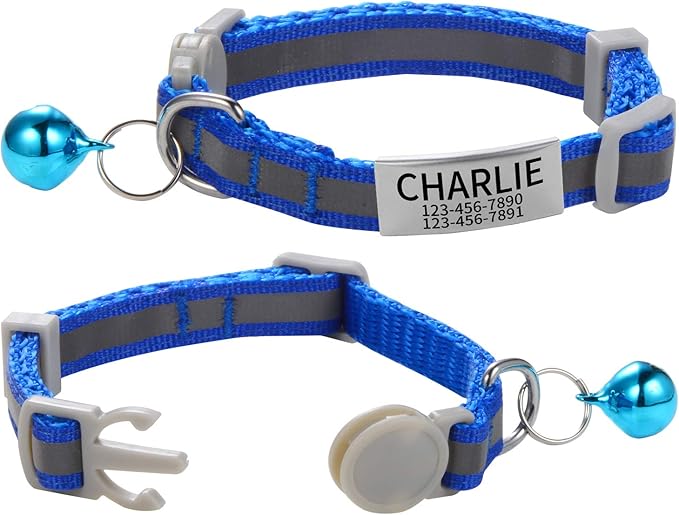 Custom Breakaway Cat Collars with Bell - Engraved Stainless Steel No Noise Slide-On Identification Tags On Collar - Up to 3 Lines of Personalized Text (Reflection)