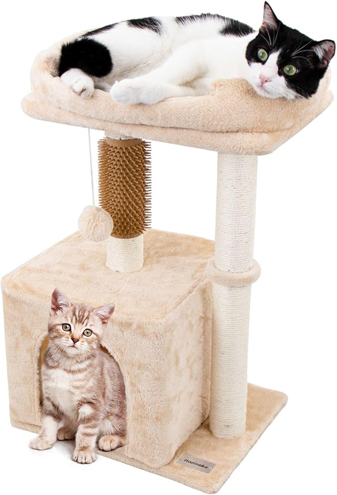 26.8" Small Cat Tree Tower,Cat Scratching Post for Indoor Cats,Featuring with Cat Cave & Cozy Perch,Cat Self Groomer and Interactive Dangling Ball Great for Kittens/Cats (Beige, Medium)