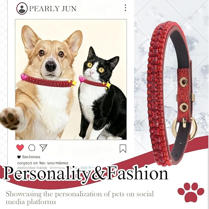 PEARLY JUN Rhinestone Dog Collars for Small Dogs Cat, XS Red Bling Diamond Cat Collar Cute Luxury Crystal Pet Puppy