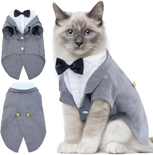 DENTRUN Cat Tuxedo Outfit, Sphynx Cat Costume Formal Suit with Bow Tie, Stylish Cat Shirt Fashion Apparel Fancy Clothes, Kitten Formal Attire Wedding Onesie Costume for Cats Only