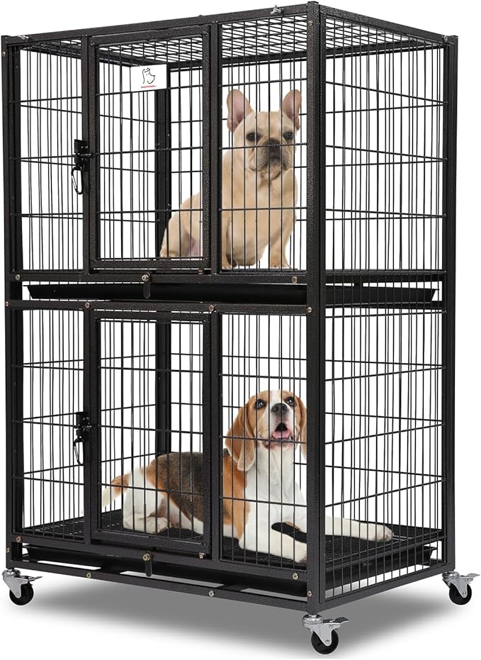 Homey Pet 31 Inch Stackable Heavy Duty Dog Crate Cage Kennel with Four Lockable Wheels, Removable Tray, Escape Proof Wire Drop Dog Crates for Small Dogs (Two Tiers)
