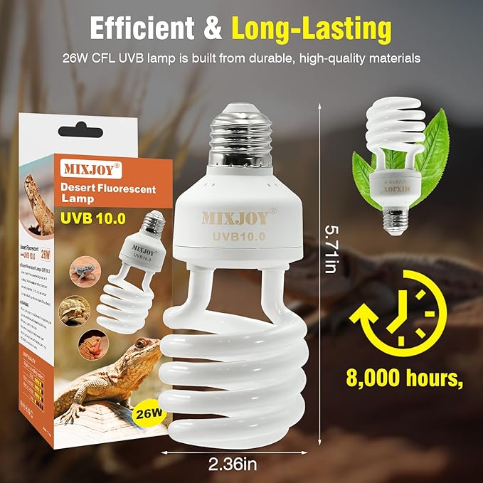 MIXJOY UVB Bulbs for Reptiles 10.0, 26W Desert UVA UVB Light, Compact Fluorescent UVB Lamp for Reptiles, UVB Light for Bearded Dragon, Tortoise, and Other Lizards