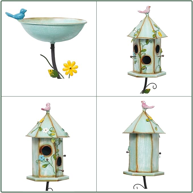 56" H Bird Baths and Bird Houses with Pole,Metal Bird Bath Bowl,birdhouses for Outdoors,Bird Bath with Stake,Garden Yard Decor